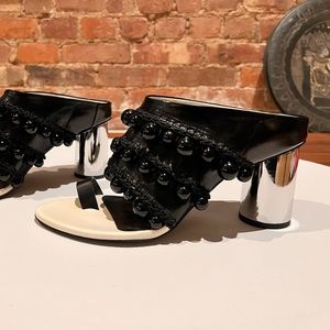Proenza Schouler Black leather mules, silver heel and bead details Sz 38.5